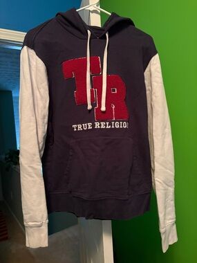 True Religion Navy & White Pullover Hoodie with Red TR Applique